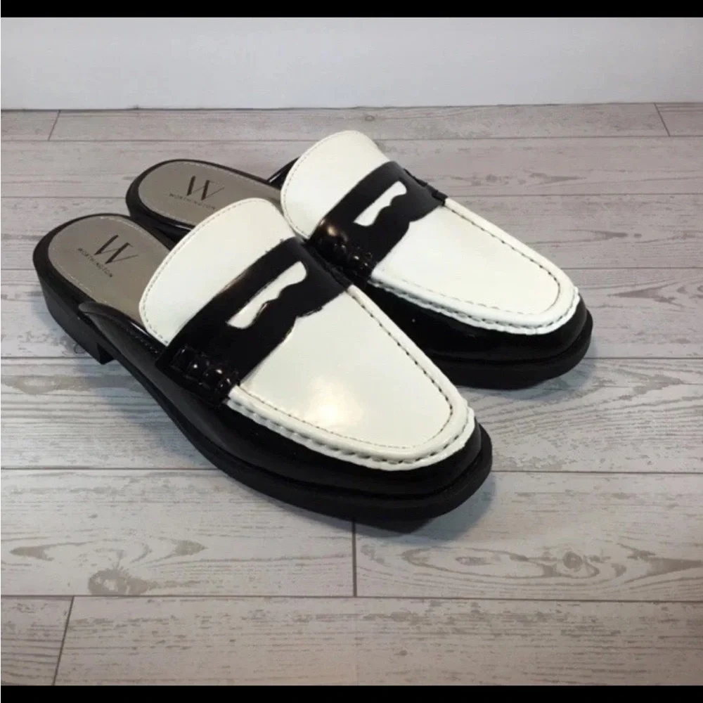 Women Worthington Destin Size 5M Mules/ Slip On Penny Loafers Black & White - Picture 2 of 13